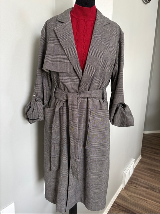 Black Tape_ Jackets & Blazers - Black Tape_ Gray Plaid Trench Coat with Belt